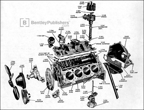 Typical 283 cubic inch V-8 engine exploded view.