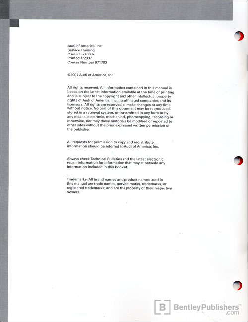 Audi Open Sky and Panorama Sunroof Systems Technical Service Training Self-Study Program copyright page