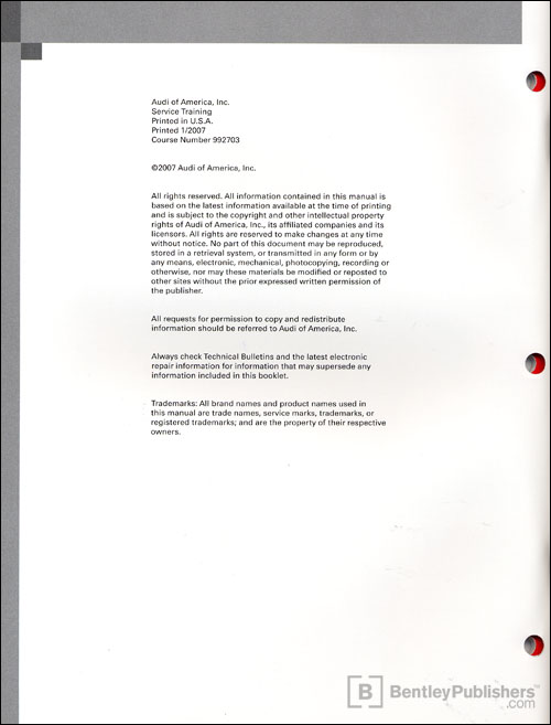 The 2008 Audi TT Electrical and Infotainment Systems Technical Service Training Self-Study Program copyright page