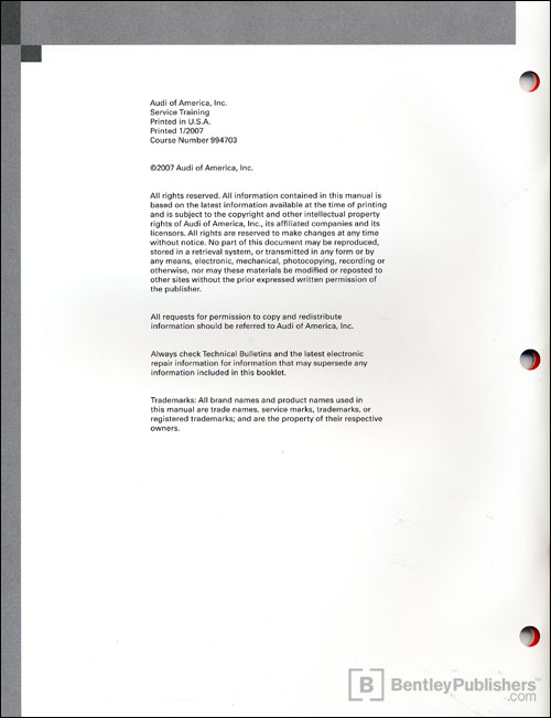 The 2008 Audi TT Body Technical Service Training Self-Study Program copyright page