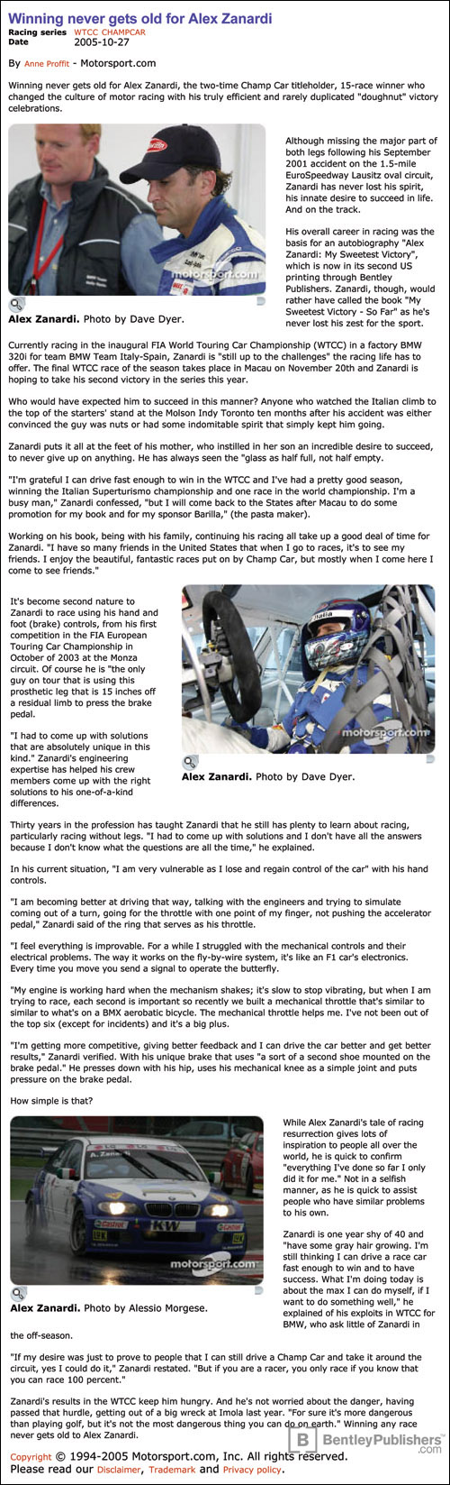 Article about Alex Zanardi from Motorsport.com from October 27, 2005