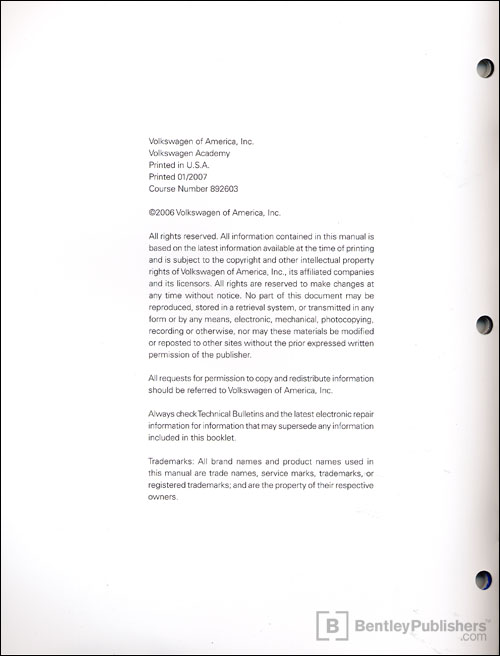 Volkswagen Vehicle Batteries Technical Service Training Self-Study Program copyright page