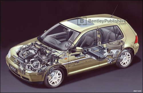 Cutaway of Volkswagen Golf (A4 platform). 
Excerpted illustration from Volkswagen Jetta, Golf, GTI Service Manual: 1999-2005 Section 00 Golf, GTI and Jetta Product Familiarization (BentleyPublishers.com watermark not printed on actual product.)