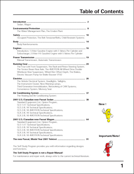 Volkswagen Passat, Model Year 2001 Technical Service Training Self-Study Program Table of Contents