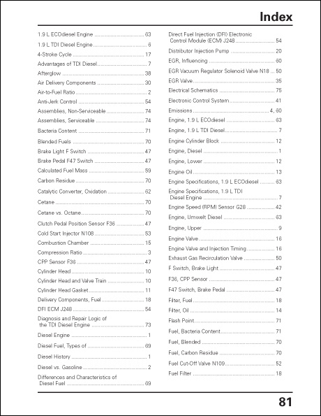 Volkswagen TDI Diesel Design and Function Technical Service Training Self-Study Program Index