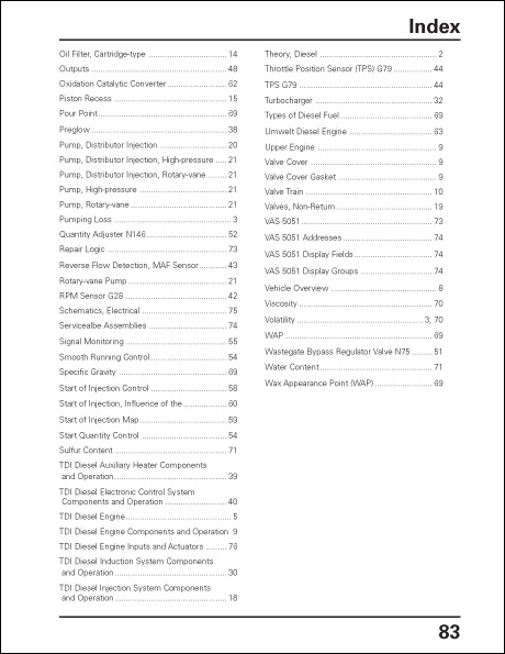 Volkswagen TDI Diesel Design and Function Technical Service Training Self-Study Program Index