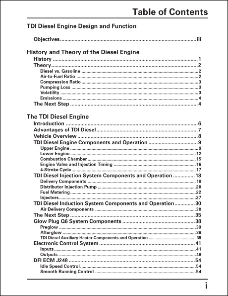 Volkswagen TDI Diesel Design and Function Technical Service Training Self-Study Program Table of Contents