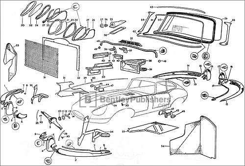 Body Fittings for fixed head coupe. Excerpted from Jaguar E-Type Series 1 3.8 Spare Parts Catalogue: 1961-1964, page 269.
(BentleyPublishers.com watermark not printed on actual product.)