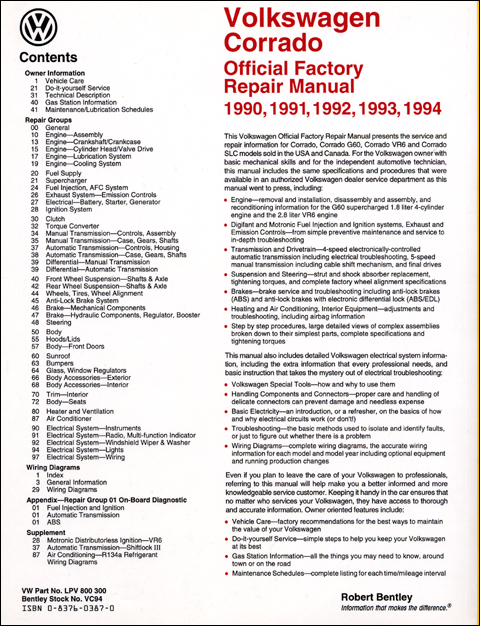 Volkswagen Corrado Repair Manual: 1990-1994 back cover